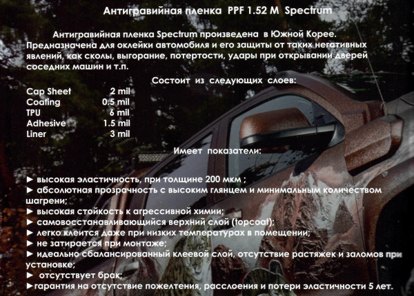 SpectrumTek PPF Антигравийная, прозрачная, полиуретановая пленка 1,52*15м.